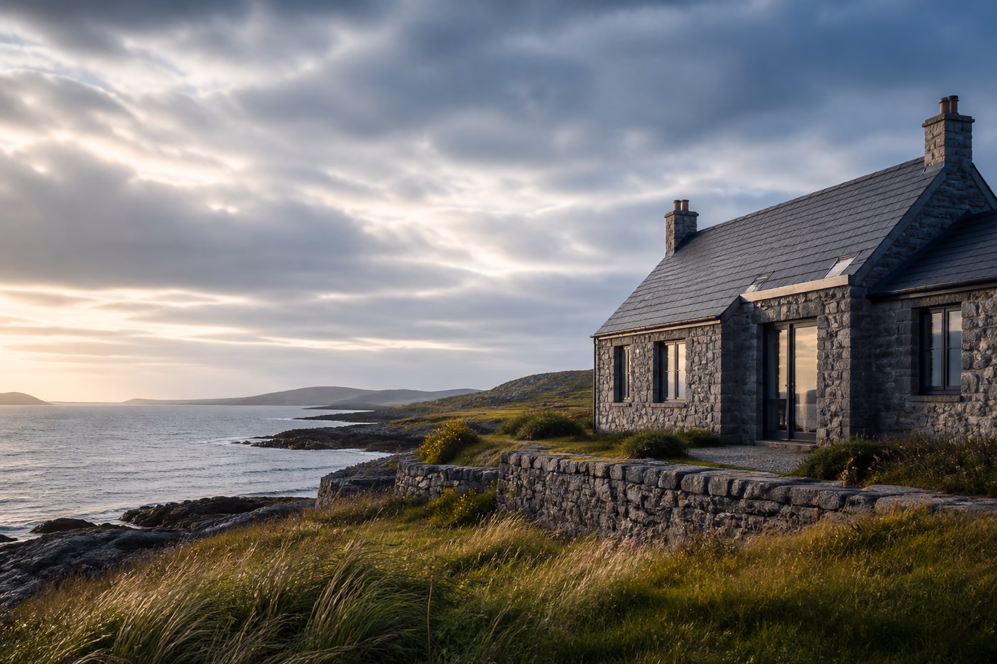 A stone coastal cottage overlooking a rugged Atlantic bay in western Ireland