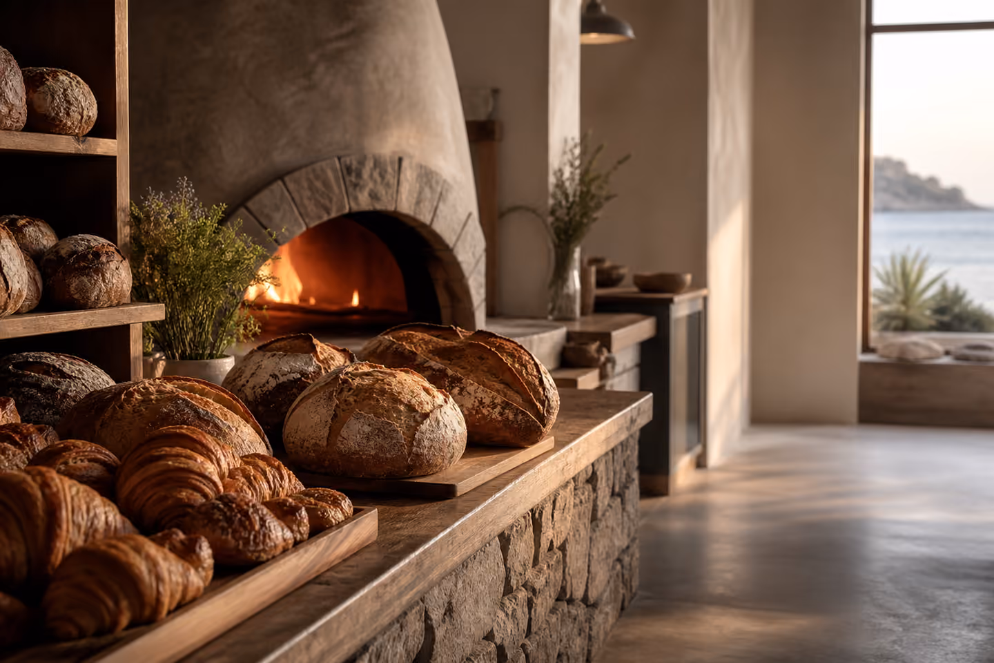 Sourdough loaves and croissants beside a glowing masonry bakery oven
