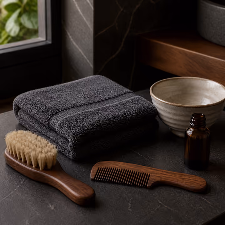 A hot towel, beard brush, comb, oil and lather bowl on a dark stone counter