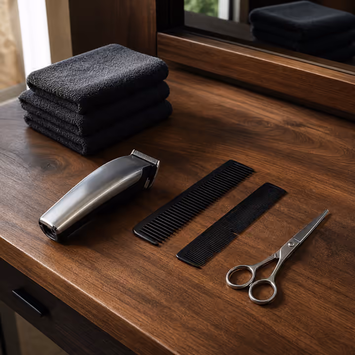 A clipper, scissors, combs and folded towels on a walnut barber workstation
