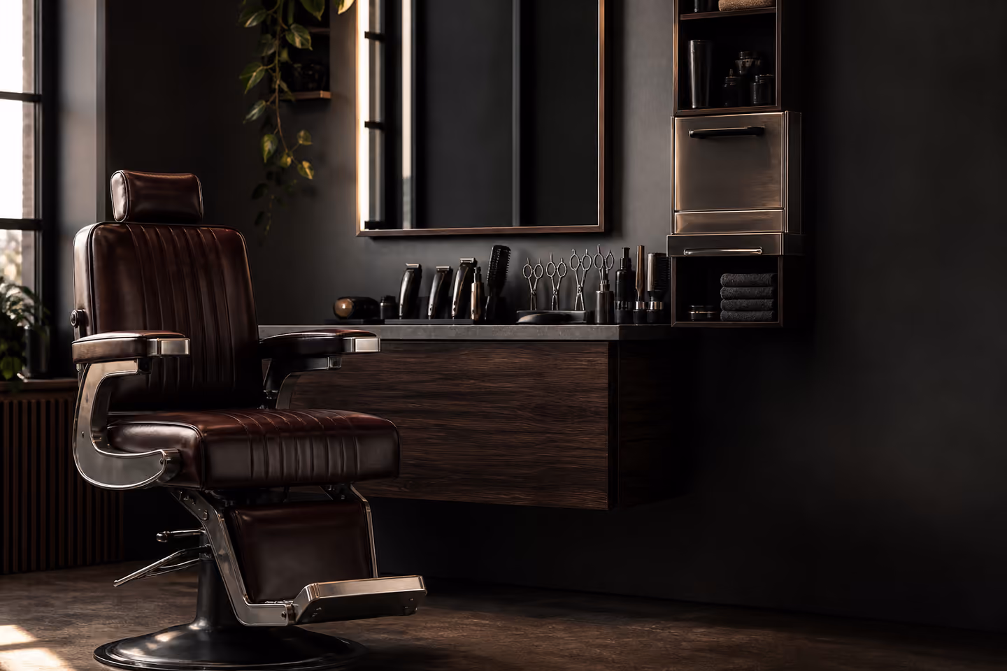 A dark leather barber chair and organised workstation in a contemporary barber shop