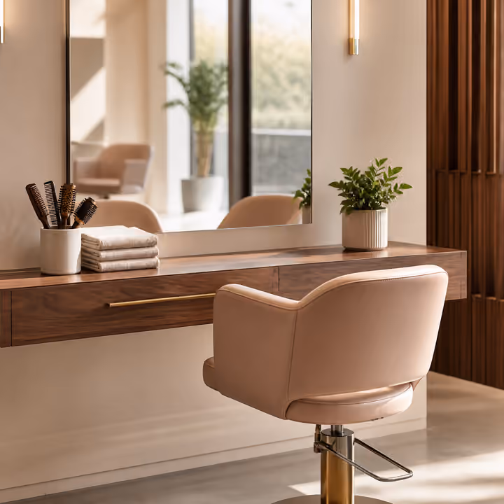 A clean styling chair, mirror and brushes in a warm modern studio