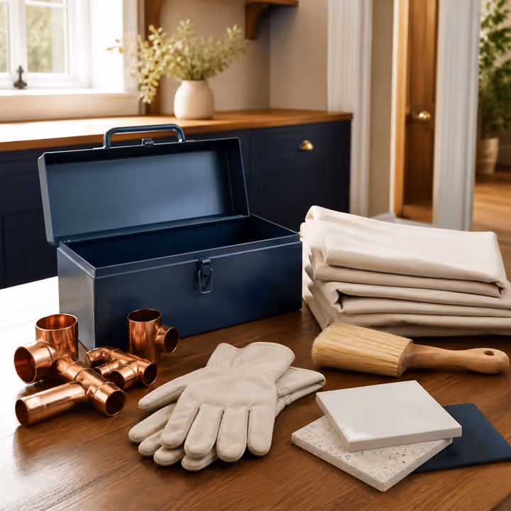 Copper fittings, gloves and plumbing tools arranged in an open tool case