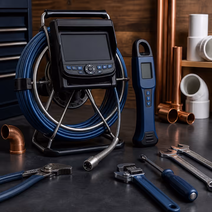 A drain inspection camera, locator and organised tools on a workbench