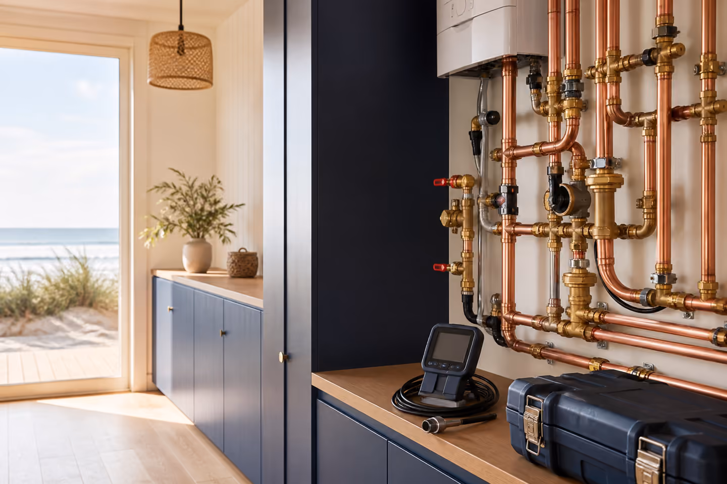 Copper plumbing, inspection equipment and a tool case in a coastal utility room