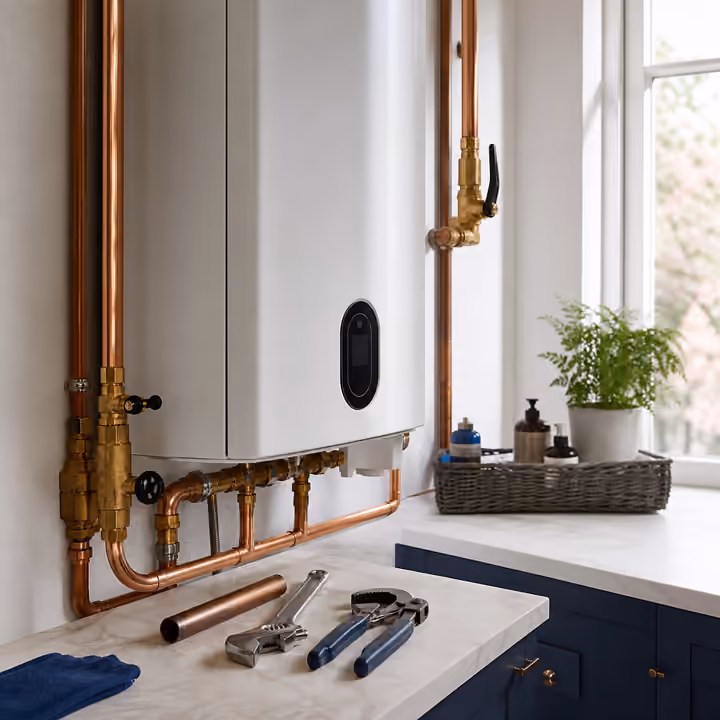 A modern hot-water unit with copper pipes, isolation valves and plumbing tools