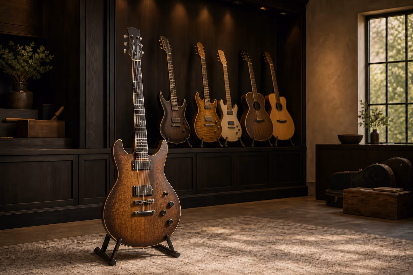 A refined dark-timber showroom displaying unbranded electric and acoustic guitars