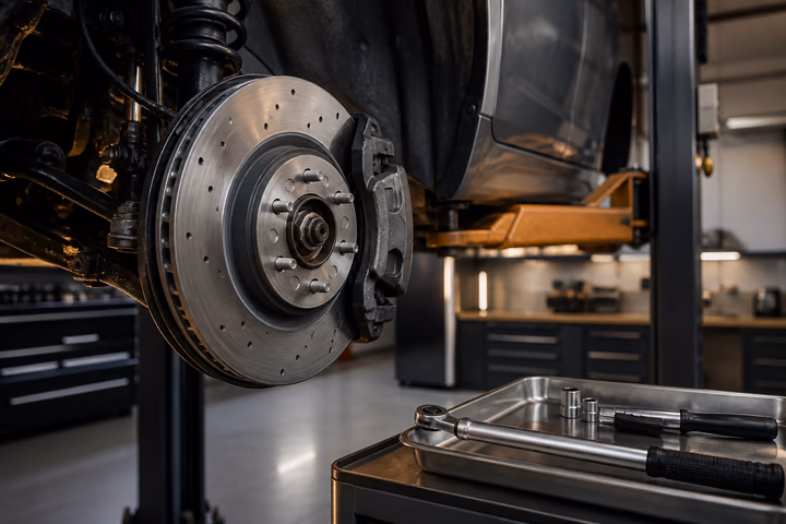 A brake assembly, torque wrench and clean parts tray in a modern workshop