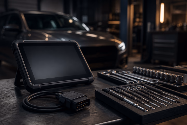 Diagnostic equipment and precision tools arranged on an automotive workbench