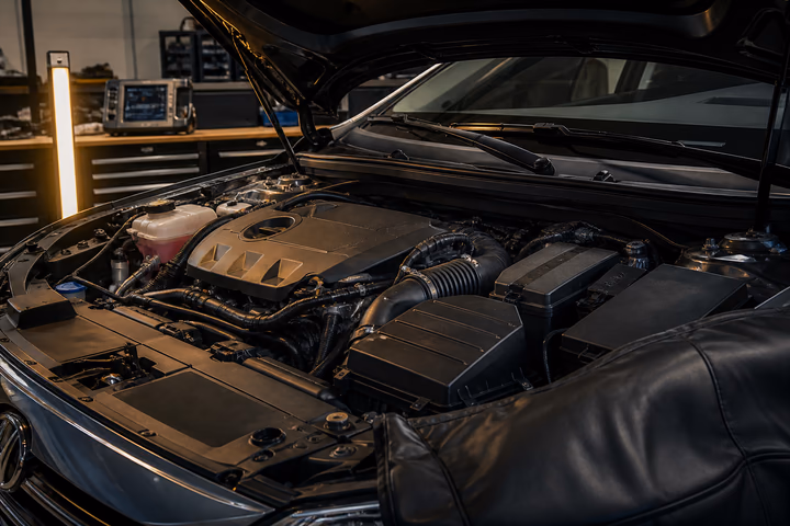 A clean engine bay under inspection with neatly arranged diagnostic equipment
