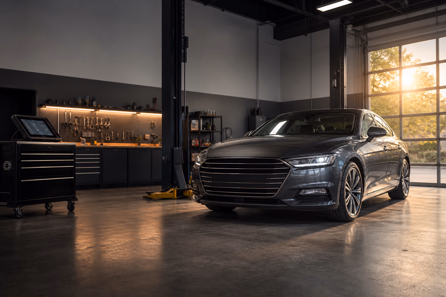 A generic modern car in a spotless independent automotive workshop at sunset