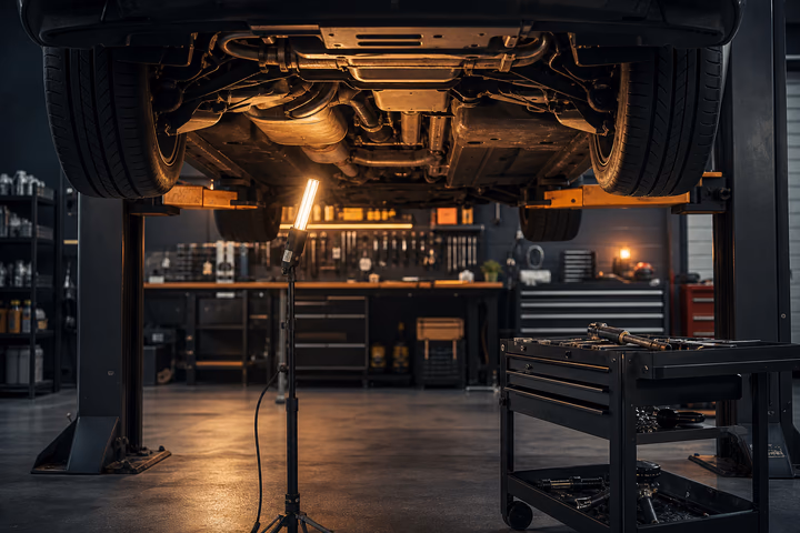 A generic vehicle raised on a workshop lift for an underbody inspection