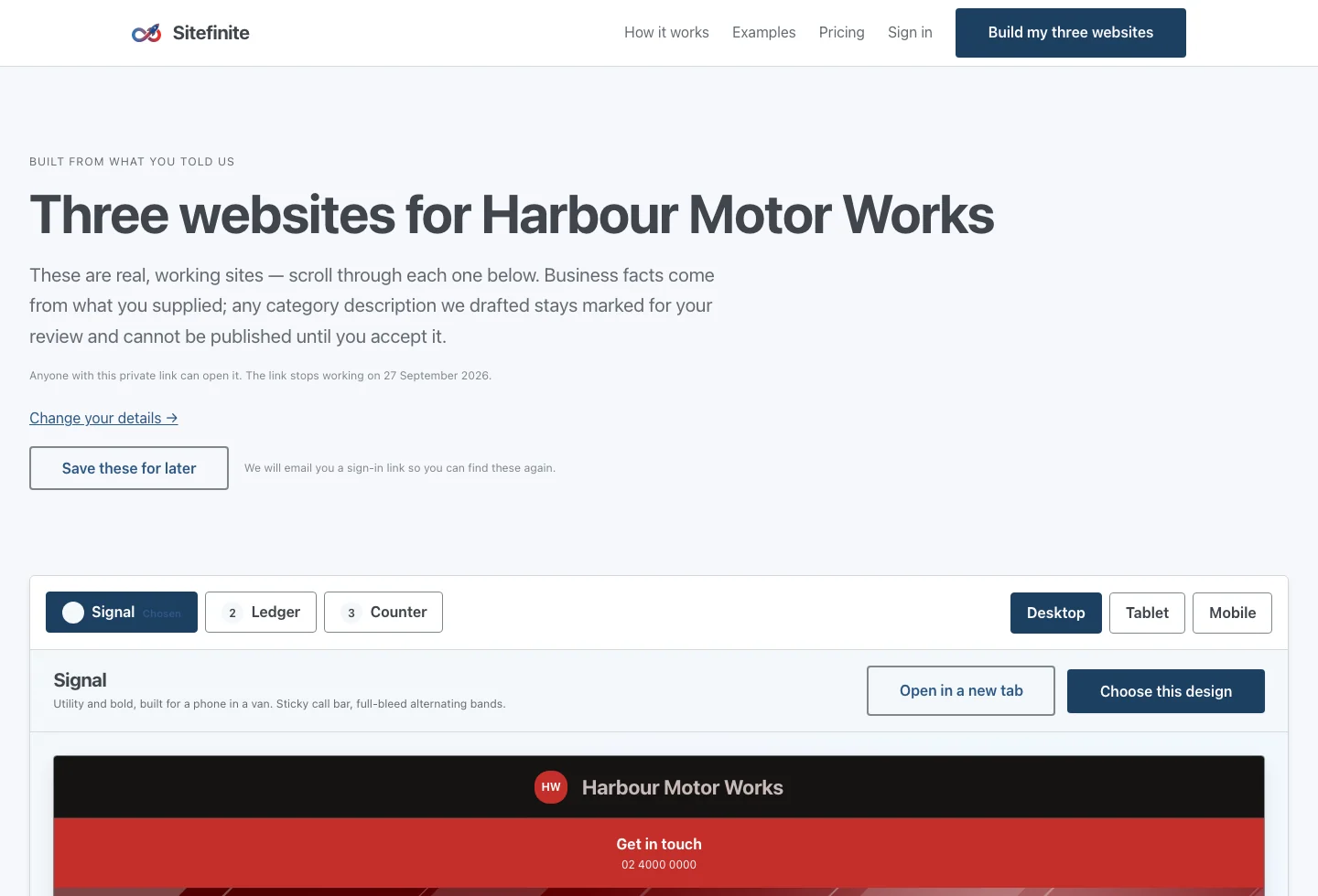 The real comparison workspace showing a generated website.