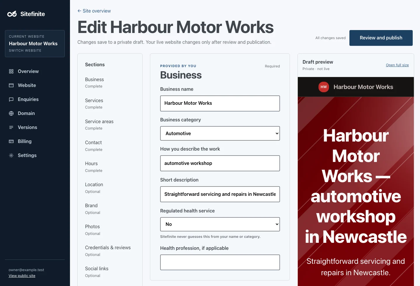 The real Sitefinite editor with section navigation and a draft preview.