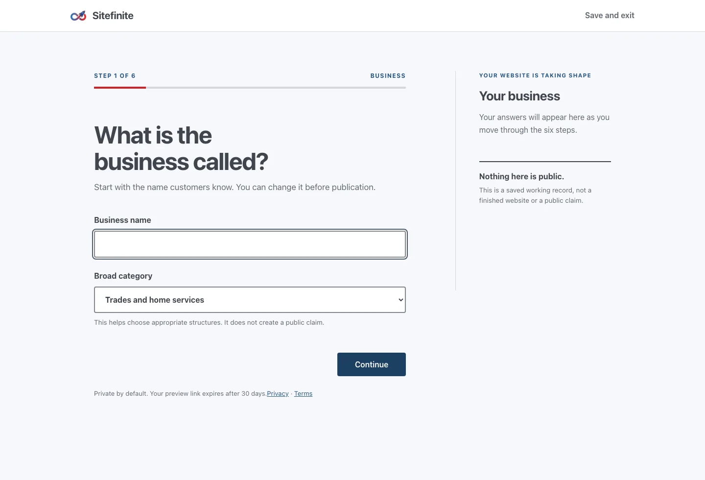 The real Sitefinite intake screen asking for business details.